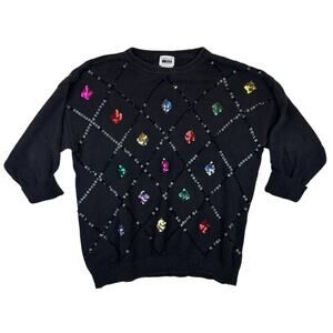 Vintage Funky Black Colorful Sequined Bejeweled Holiday Sweater L Leslie Fay
